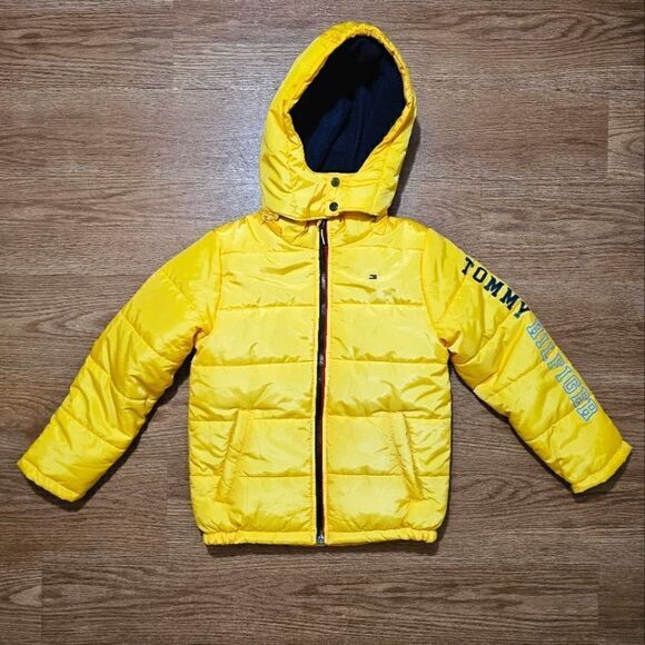 Tommy Hilfiger Puffer Jacket Kids 7 Waterproof Convertible Yellow Blue Fleece - Picture 1 of 11